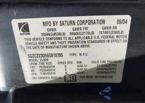 2005 Saturn Vue 4 Cyl z USA, uszkodzony, nr VIN 5GZCZ23D55S810795